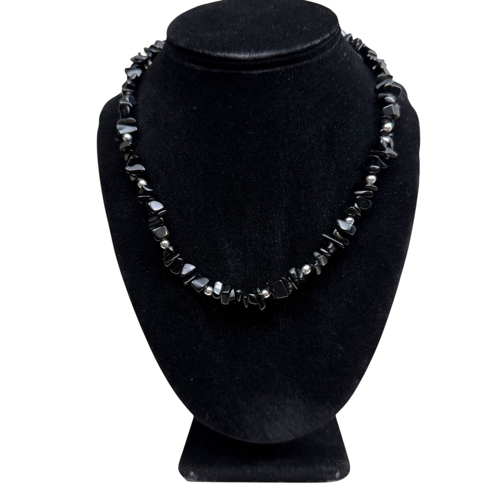 FAS 925 Sterling Silver Black Onyx Stone Chip Necklace Beaded Jewelry 9 in L